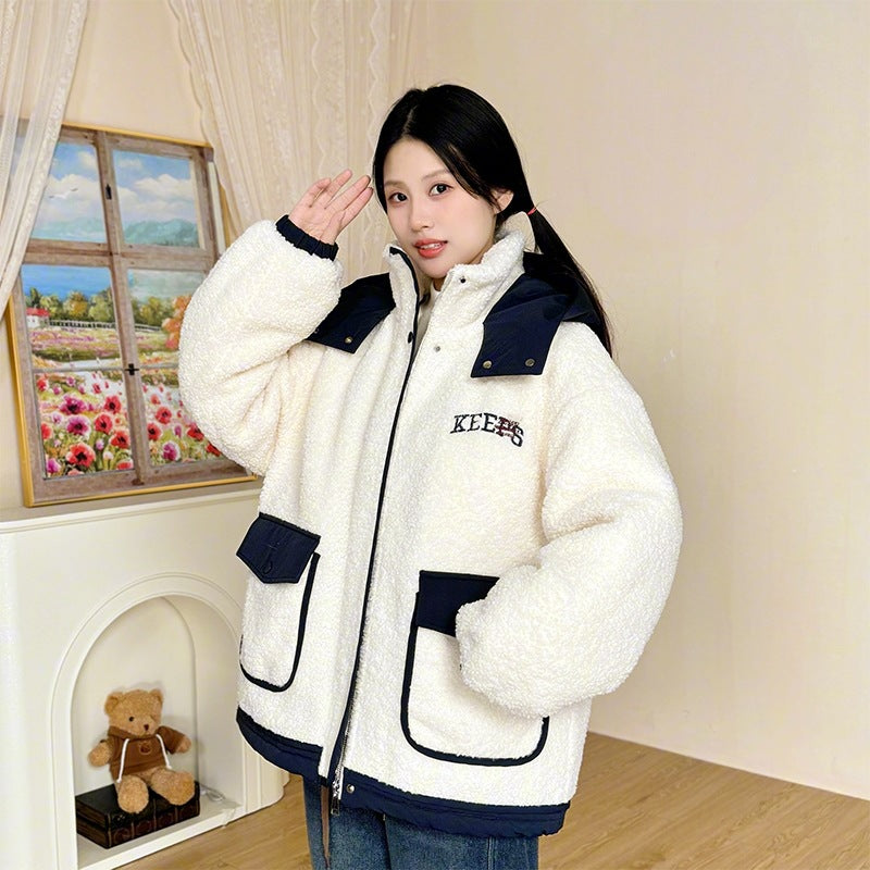 Padded women's winter jacket in lambskin look