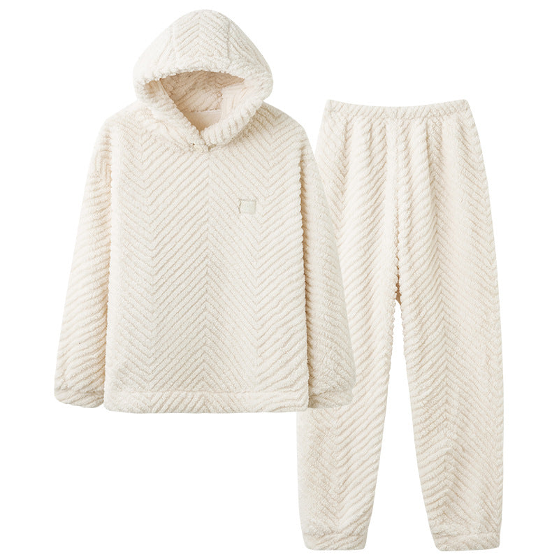 Padded coral fleece loungewear set with hood for couples