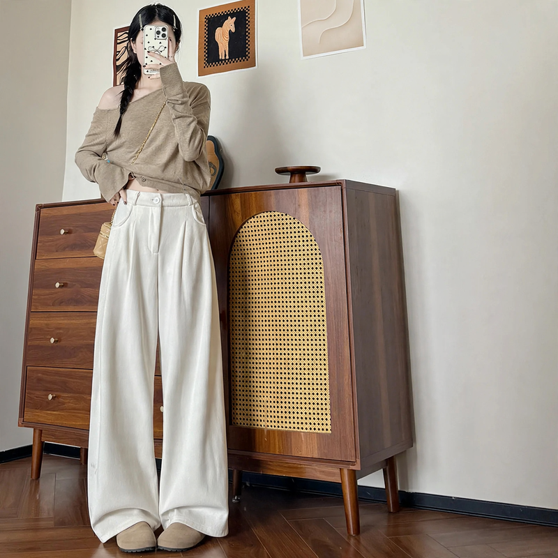 Cord wide pants for women, high-waisted