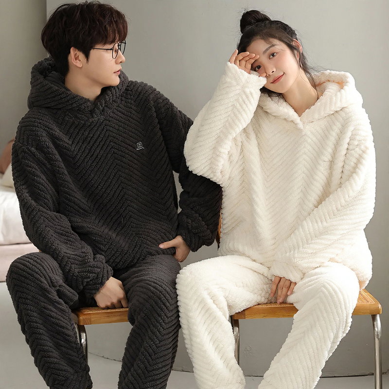 Padded coral fleece loungewear set with hood for couples