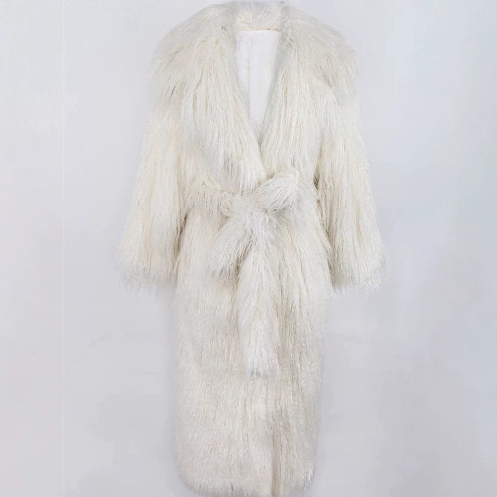 Long faux fur coat with tie belt and lapel collar