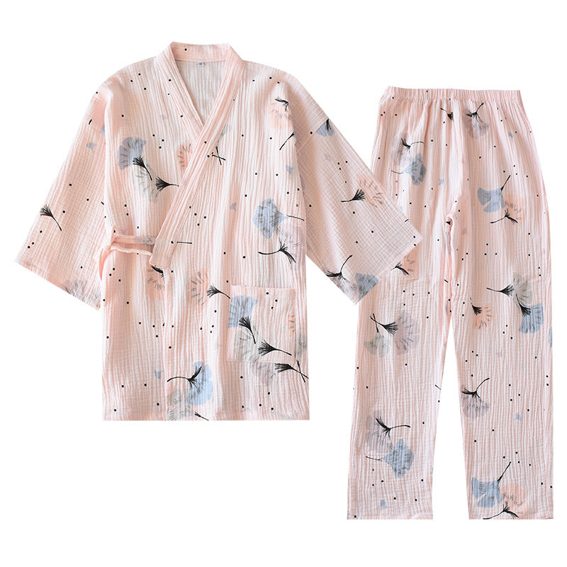 Women's Kimono Loungewear Set made of Cotton Muslin with Ginkgo Pattern