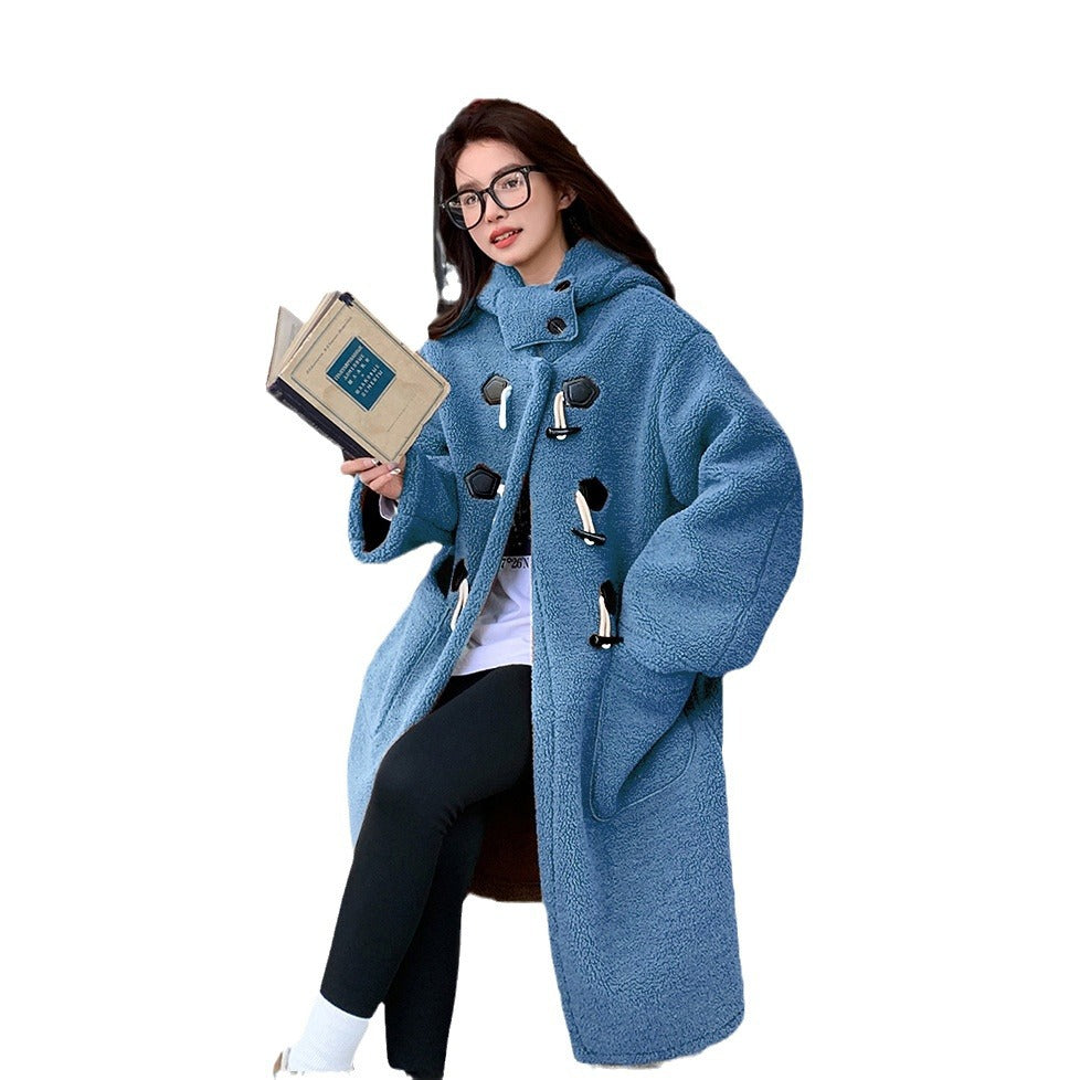 Faux fur coat with hood, knee-length