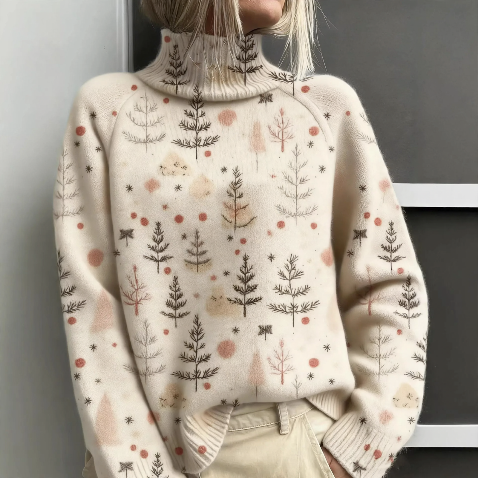 Loose women's sweater with turtleneck and Christmas print