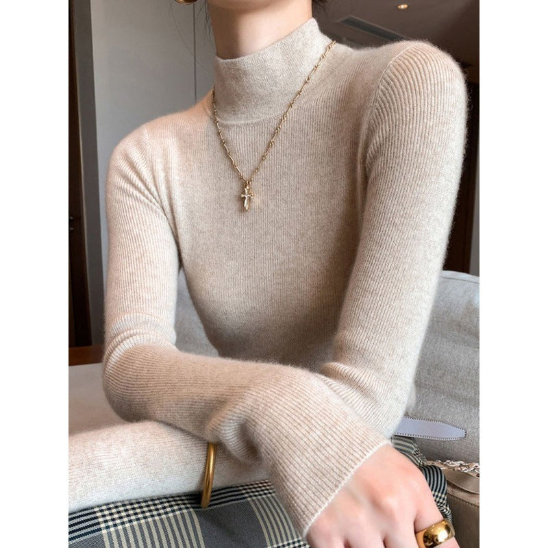 Women’s knitted sweater, stand-up collar, fitted