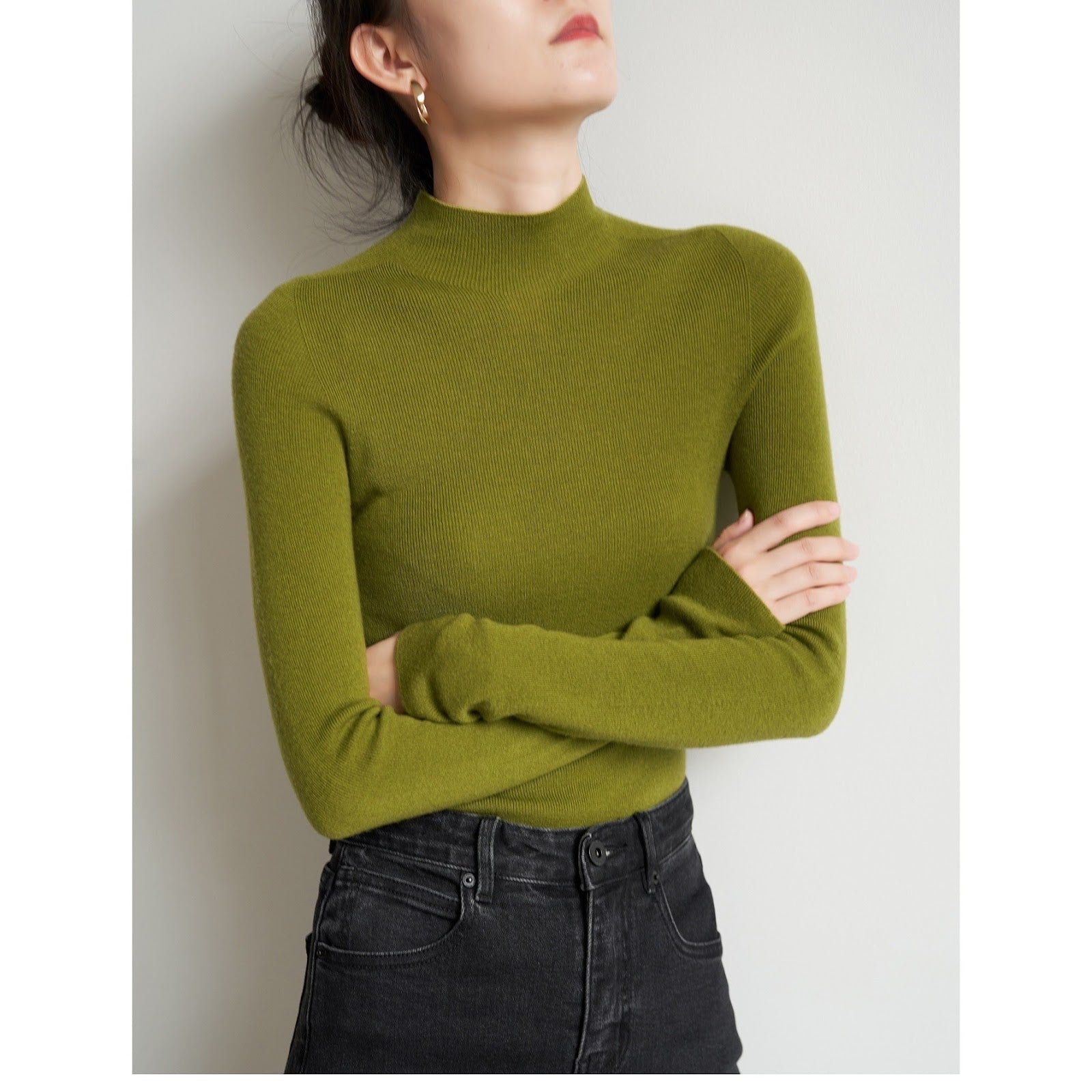 Women's wool knit sweater with stand-up collar