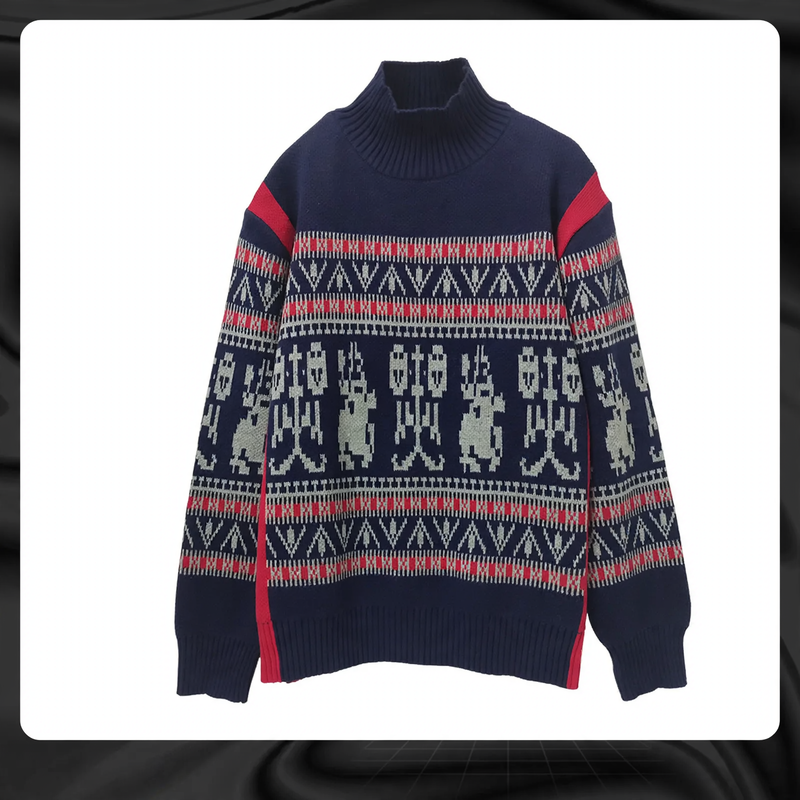 Unisex knit sweater with geometric pattern, stand collar