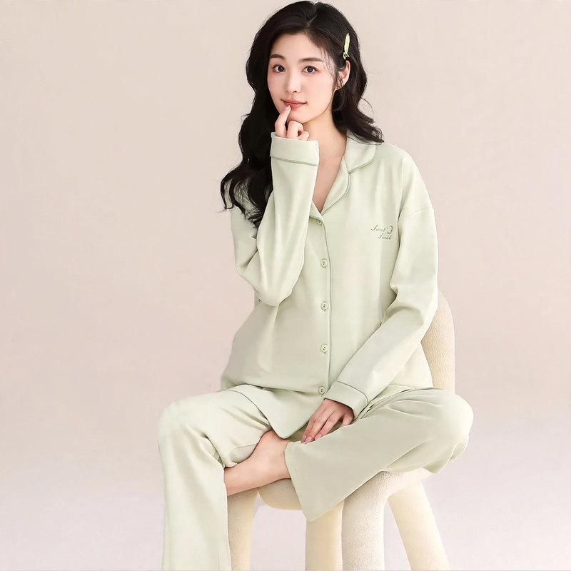 Pair-Pajama-Set, Cotton, Long Sleeve, with Chest Padding