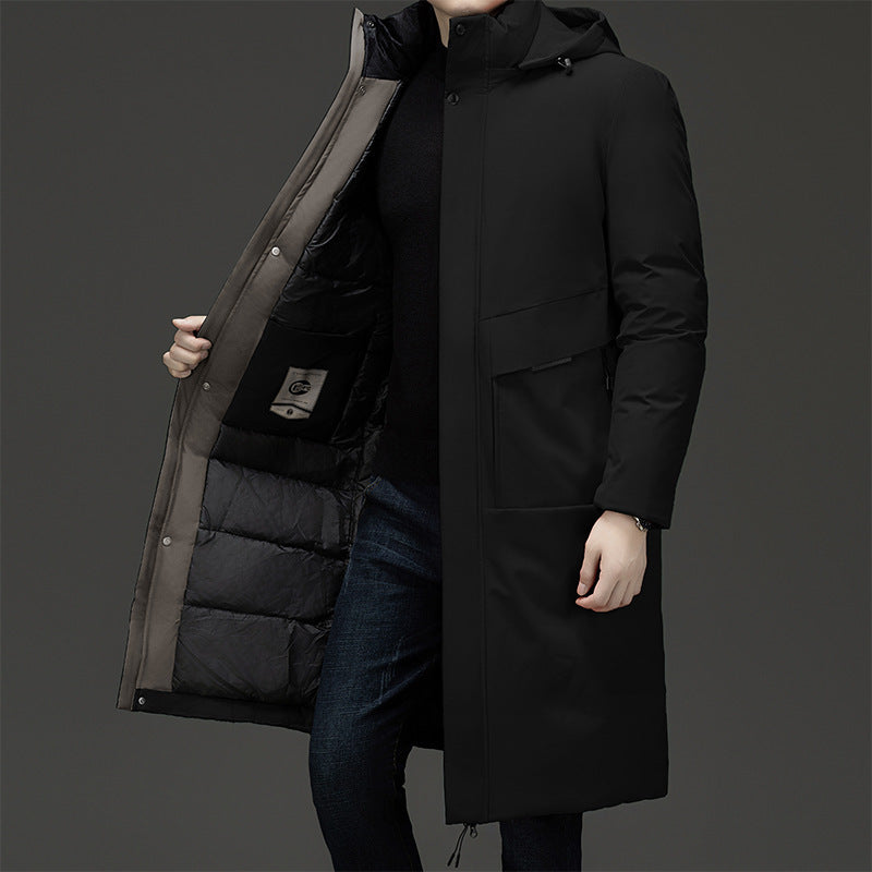Long men's winter jacket with detachable collar