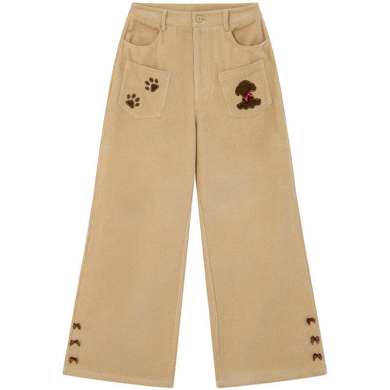 Kord-wide trousers with bear embroidery