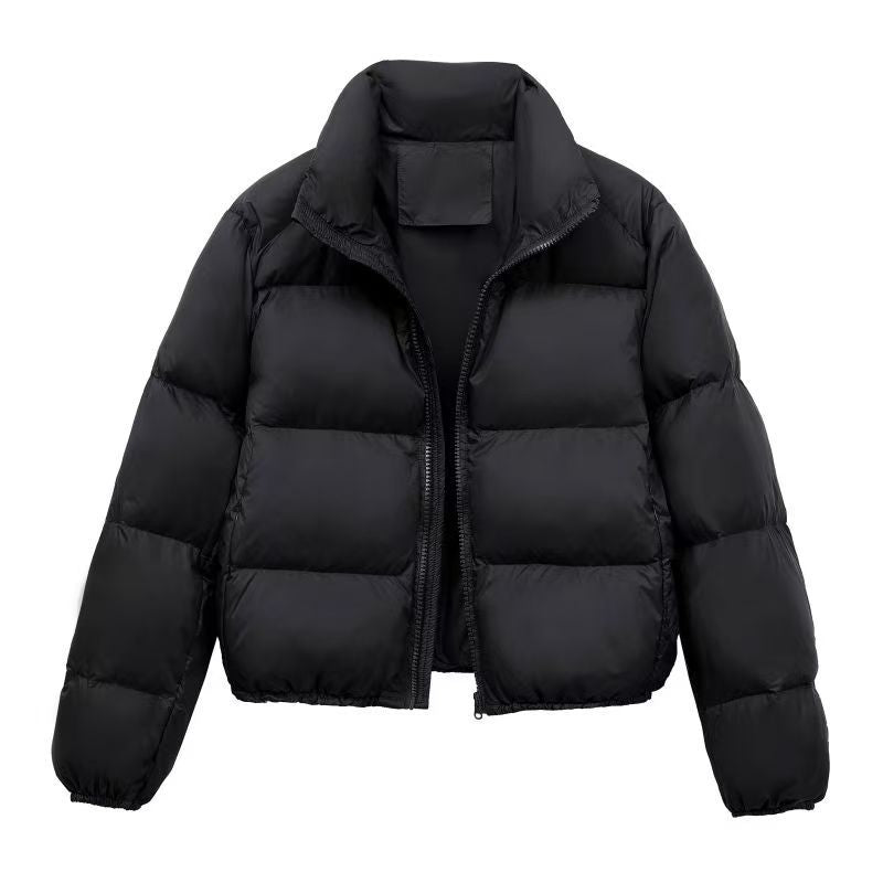 Short women's quilted jacket, padded, stand collar