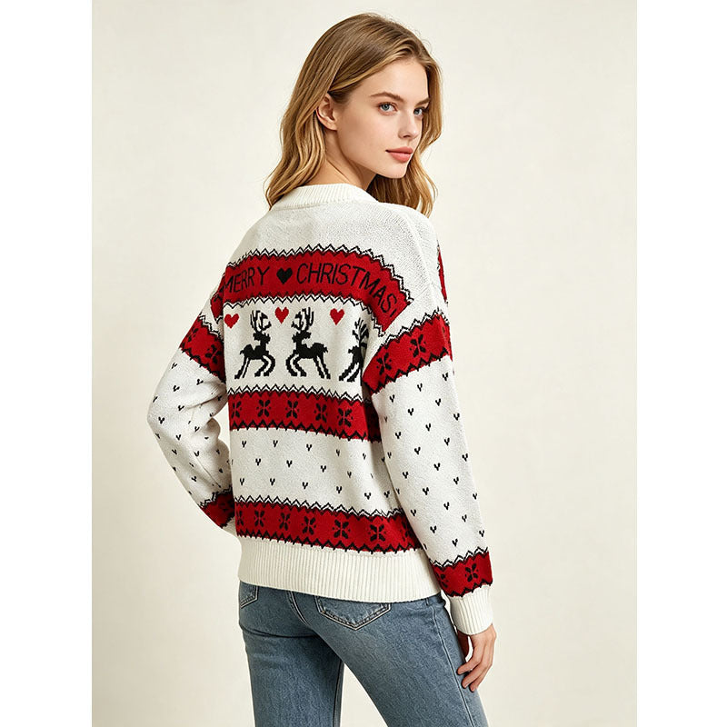 Loose Women's Christmas Sweater with Reindeer Jacquard