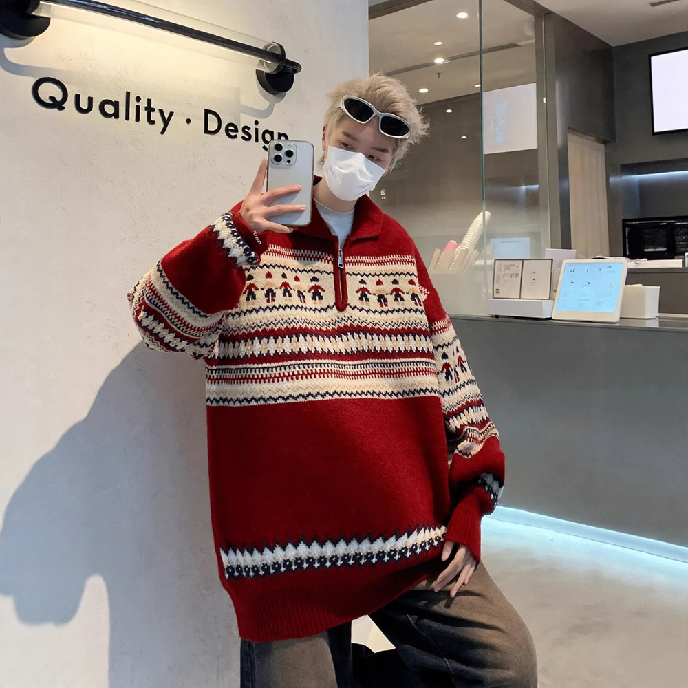 Christmas Knit Sweater, Polo Collar, Vintage Style