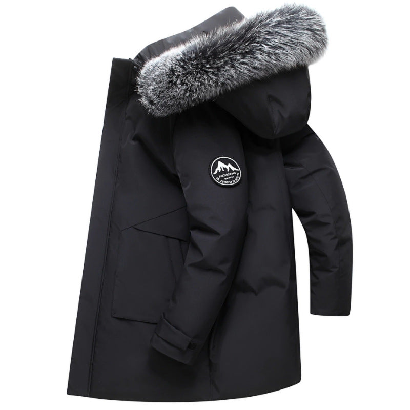 Mid-length men's down jacket with hood and fur collar