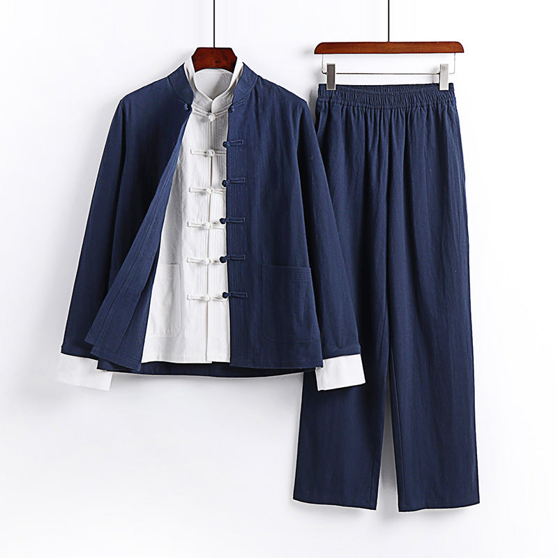 Men's Minimalist Mandarin Two-Piece Linen Blend with Decorative Knot Placket Chichicherry
