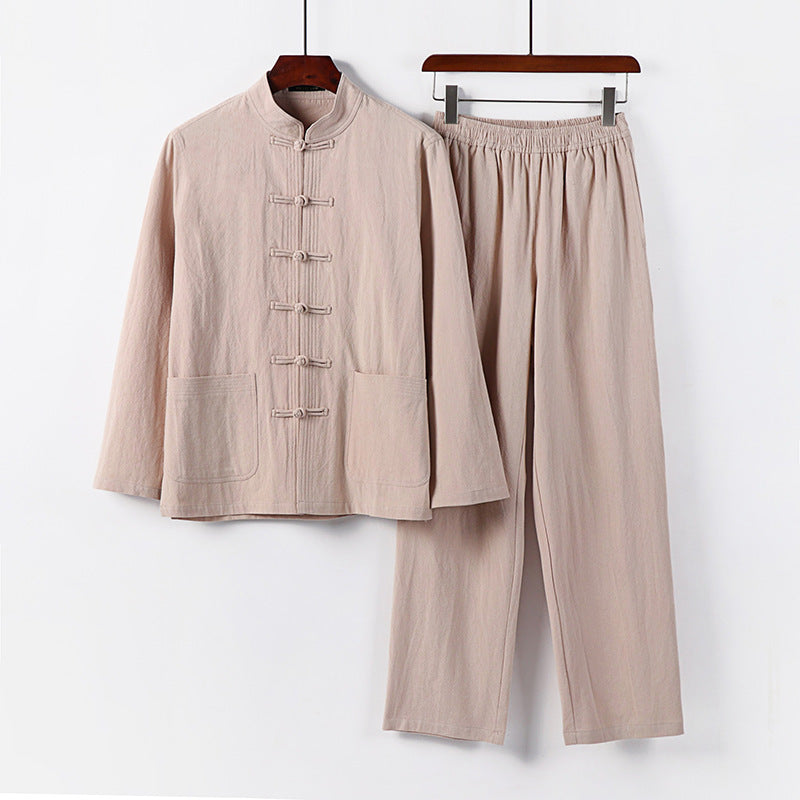 Men's Loose Hanfu-Inspired Casual Set with Stand Collar and Knot Closures Chichicherry