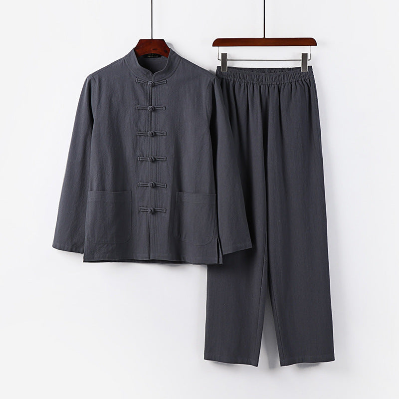 Men's Loose Hanfu-Inspired Casual Set with Stand Collar and Knot Closures Chichicherry