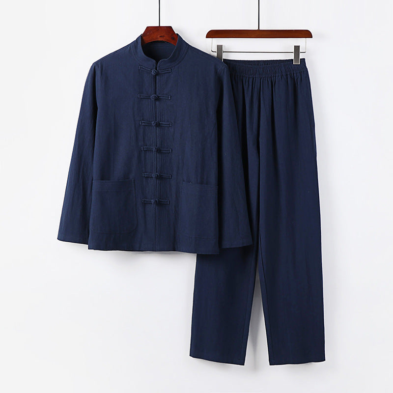 Men's Loose Hanfu-Inspired Casual Set with Stand Collar and Knot Closures Chichicherry