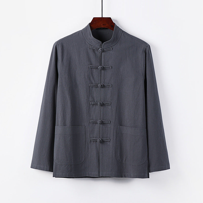 Men's traditional Tang jacket with stand-up collar and knot buttons made of linen blend Chichicherry