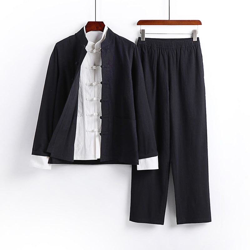 Men's Minimalist Mandarin Two-Piece Linen Blend with Decorative Knot Placket Chichicherry