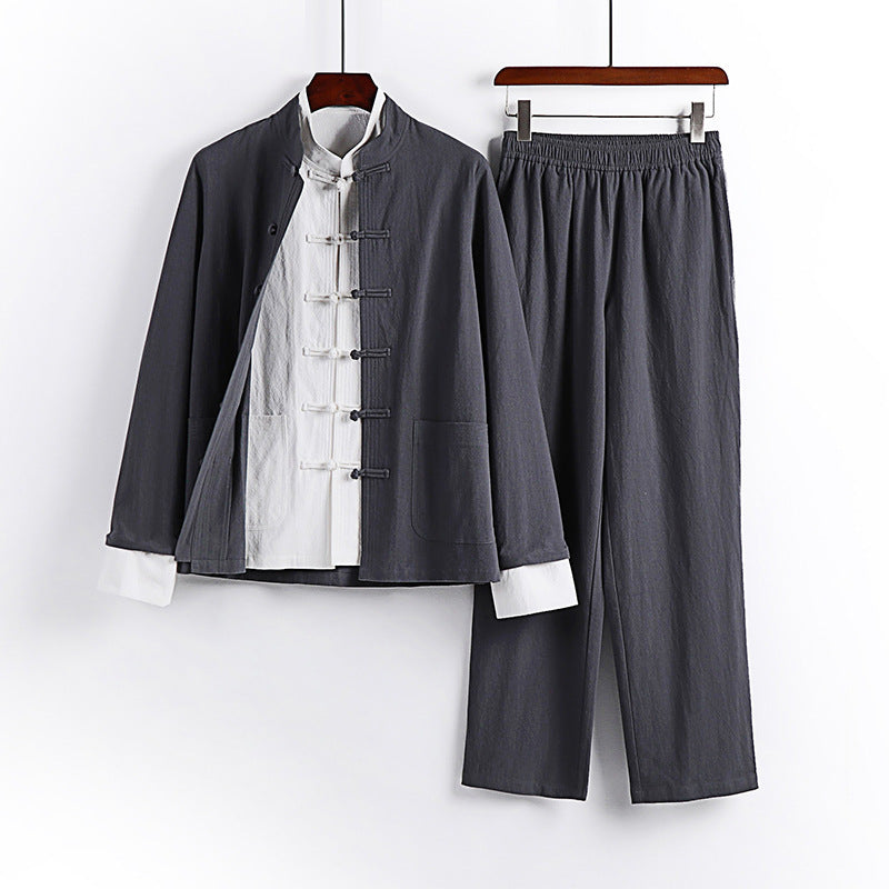 Men's Minimalist Mandarin Two-Piece Linen Blend with Decorative Knot Placket Chichicherry