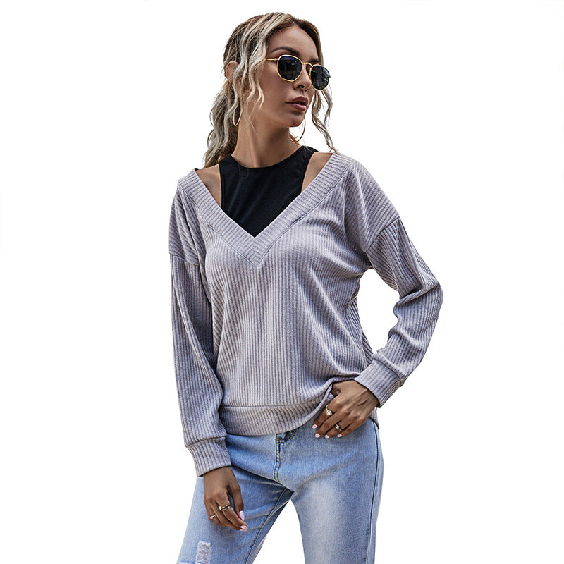 Women's ribbed V-neck pullover with shoulder cutouts and relaxed oversized fit Chichicherry