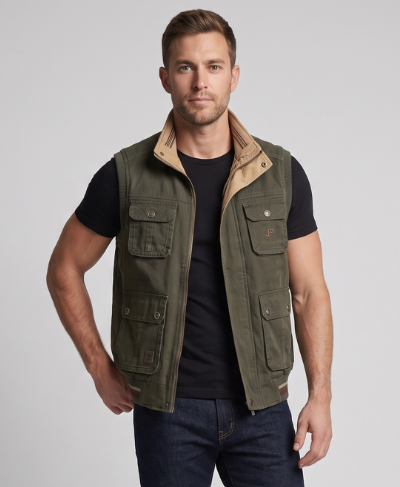 Men's Canvas Utility Vest with Multiple Pockets, Stand Collar and Lightly Padded Inner Lining Chichicherry