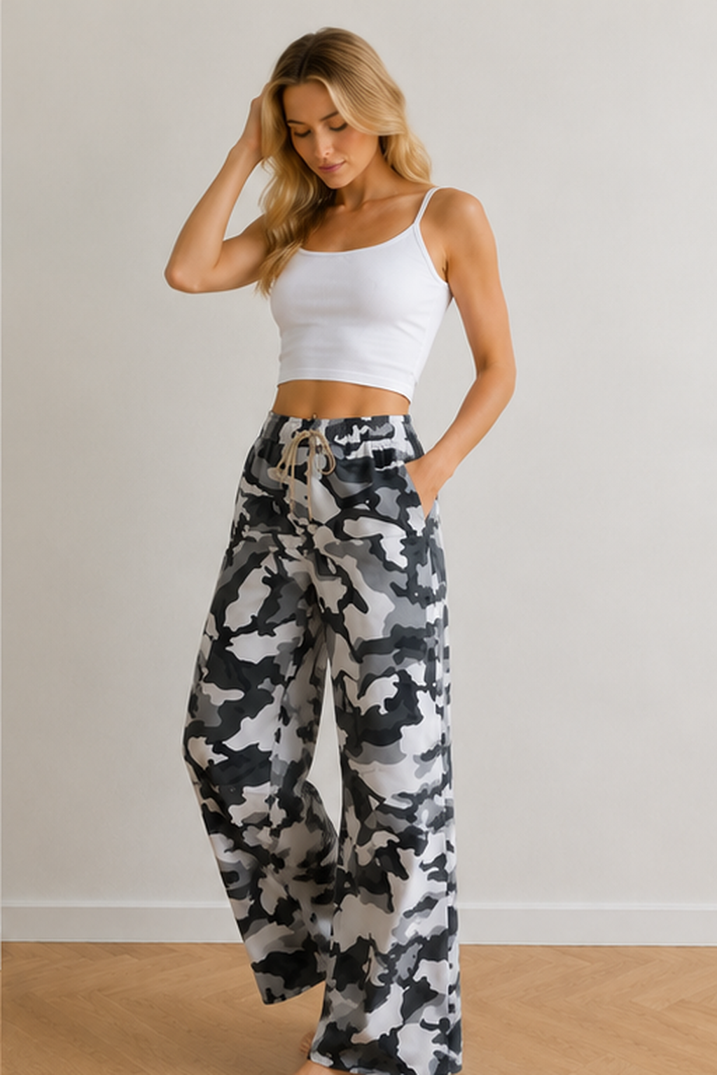 Ladies Military Camouflage Pattern Mixed Chiffon Cargo Palazzo Pants
