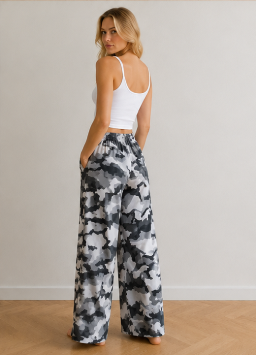 Ladies Military Camouflage Pattern Mixed Chiffon Cargo Palazzo Pants