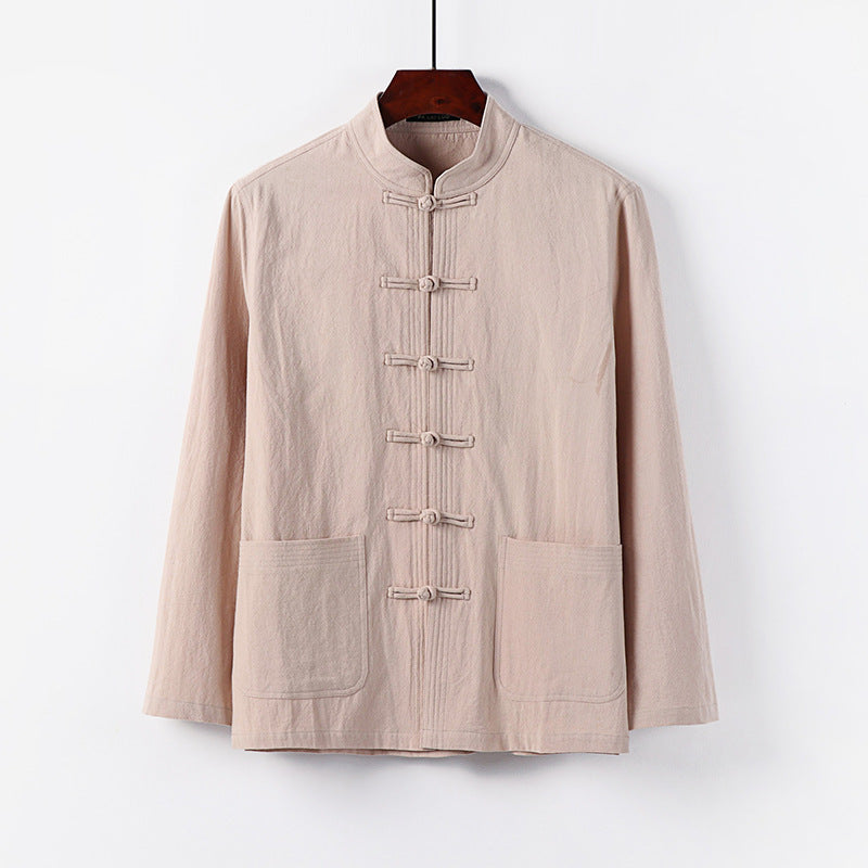Men's traditional Tang jacket with stand-up collar and knot buttons made of linen blend Chichicherry