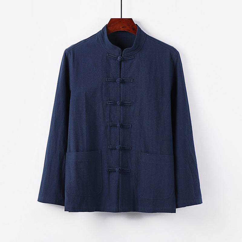 Men's traditional Tang jacket with stand-up collar and knot buttons made of linen blend Chichicherry