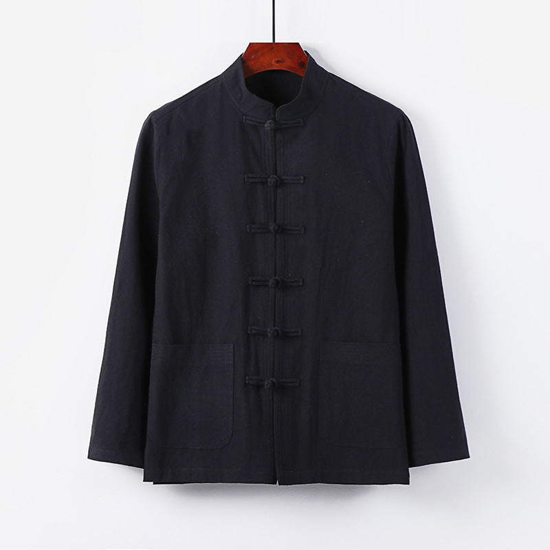 Men's traditional Tang jacket with stand-up collar and knot buttons made of linen blend Chichicherry
