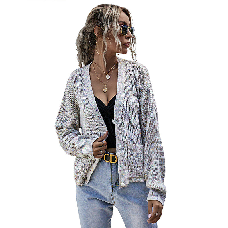 Women Short-Cut Oversized Knit Cardigan with Large Buttons and Textured Knit Chichicherry