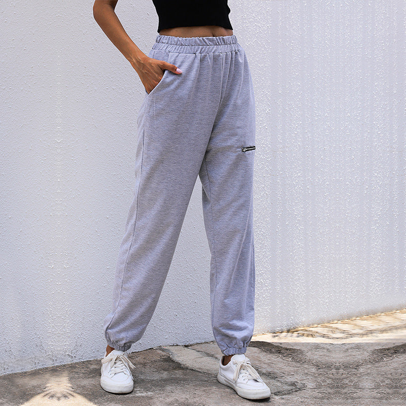 Women's Casual High-Waist Sweatpants with Zipper Pocket and Elastic Hem