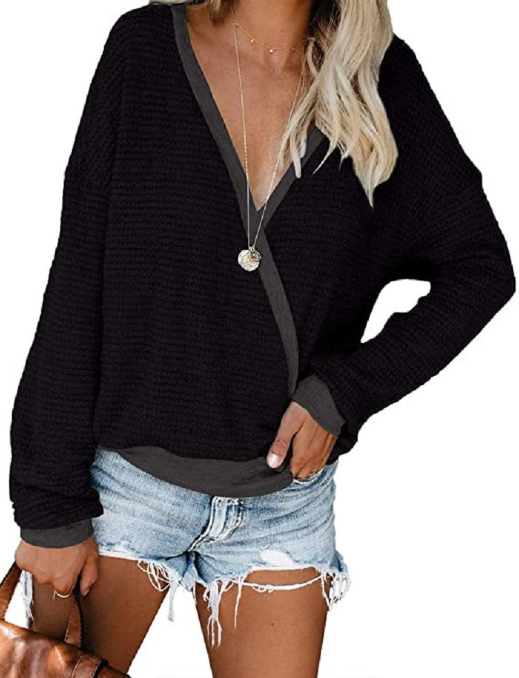 Women Loose Waffle Knit Sweater with Deep V-Neck and Layered Look Chichicherry
