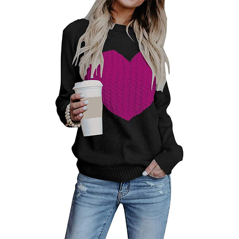Ladies' knitted sweater with heart application, ribbed cuffs, and casual fit Chichicherry