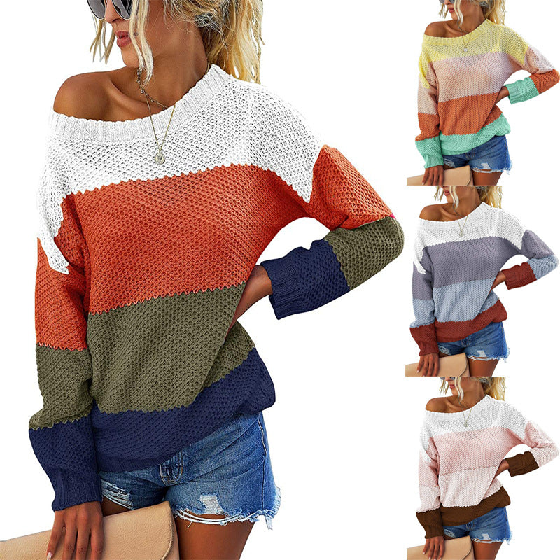 Women's Off-Shoulder Block Stripe Knit Sweater with Waffle Texture and Oversized Cut Chichicherry