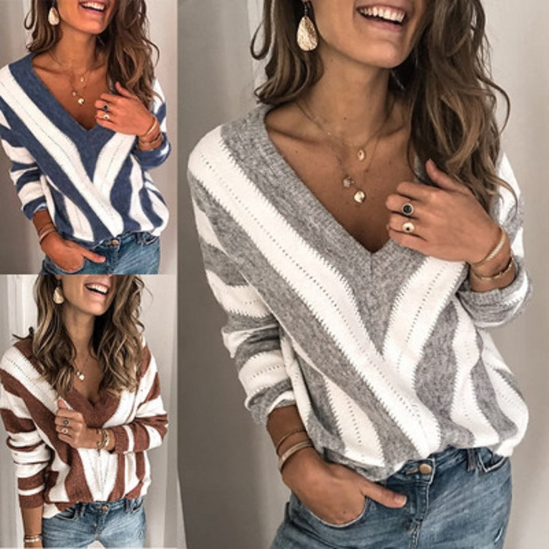 Women Oversized V-Neck Sweater with Chevron Intarsia and Openwork Knit Chichicherry