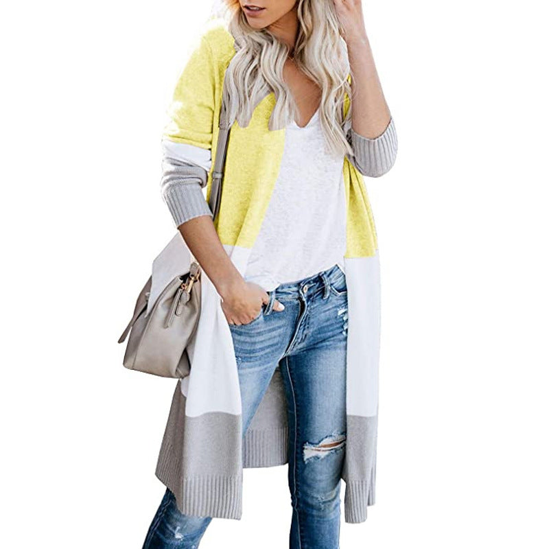 Women's Longline Cardigan with Colorblock, Ribbed Hem and Open Front Chichicherry
