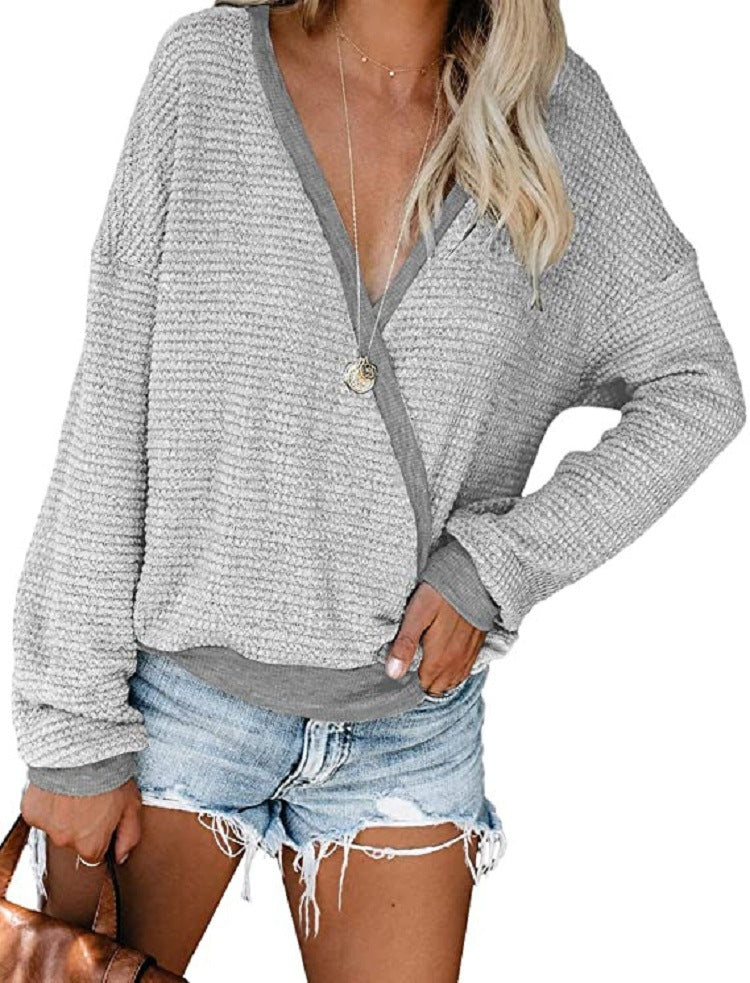 Women Loose Waffle Knit Sweater with Deep V-Neck and Layered Look Chichicherry