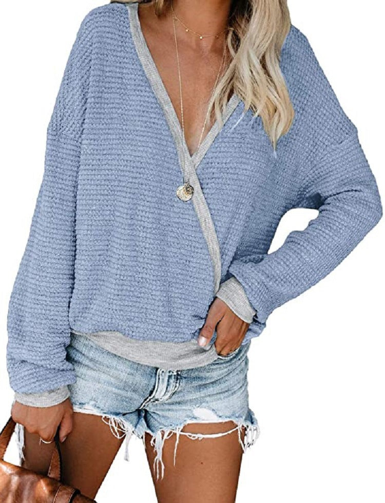 Women Loose Waffle Knit Sweater with Deep V-Neck and Layered Look Chichicherry