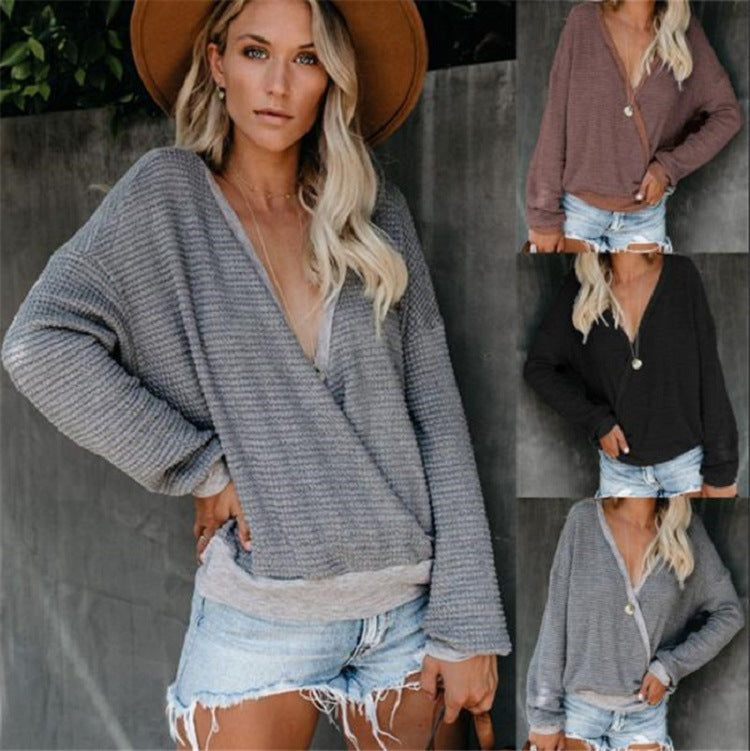 Women Loose Waffle Knit Sweater with Deep V-Neck and Layered Look Chichicherry