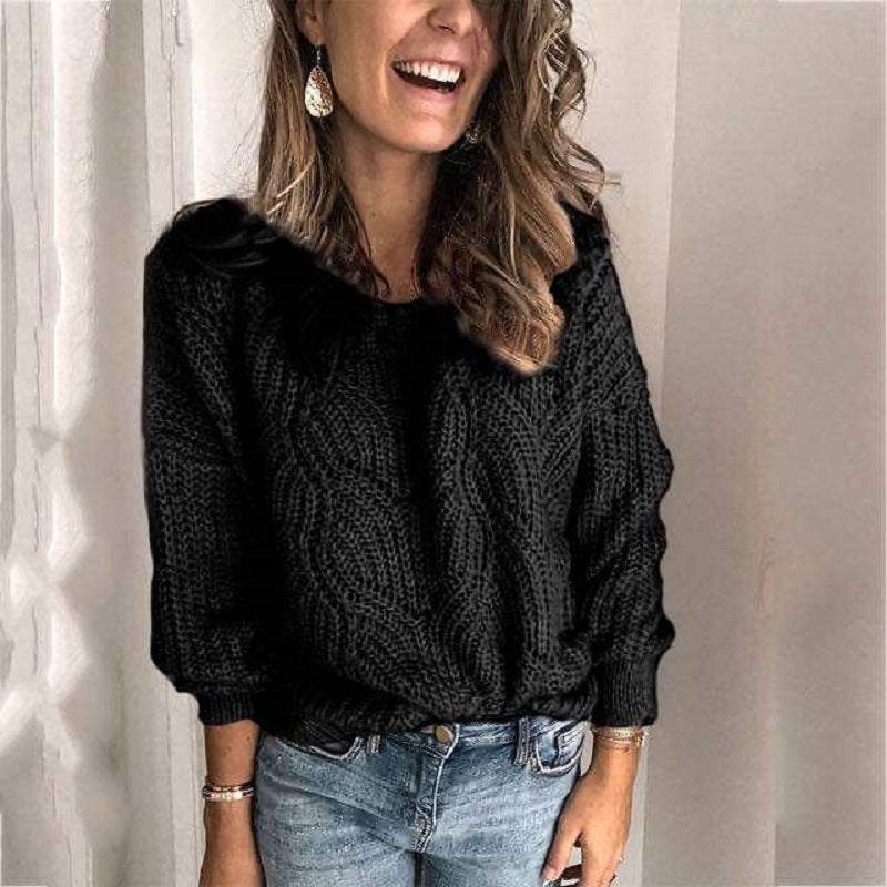 Women Oversize Lace-Chunky Knit Sweater with Boat Neck and Cable Pattern Chichicherry