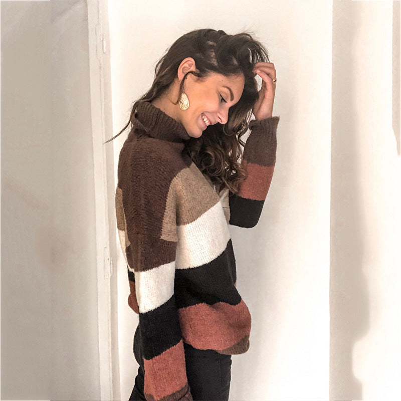 Women's Oversize-Block Stripe Turtleneck Sweater made of fluffy knit Chichicherry