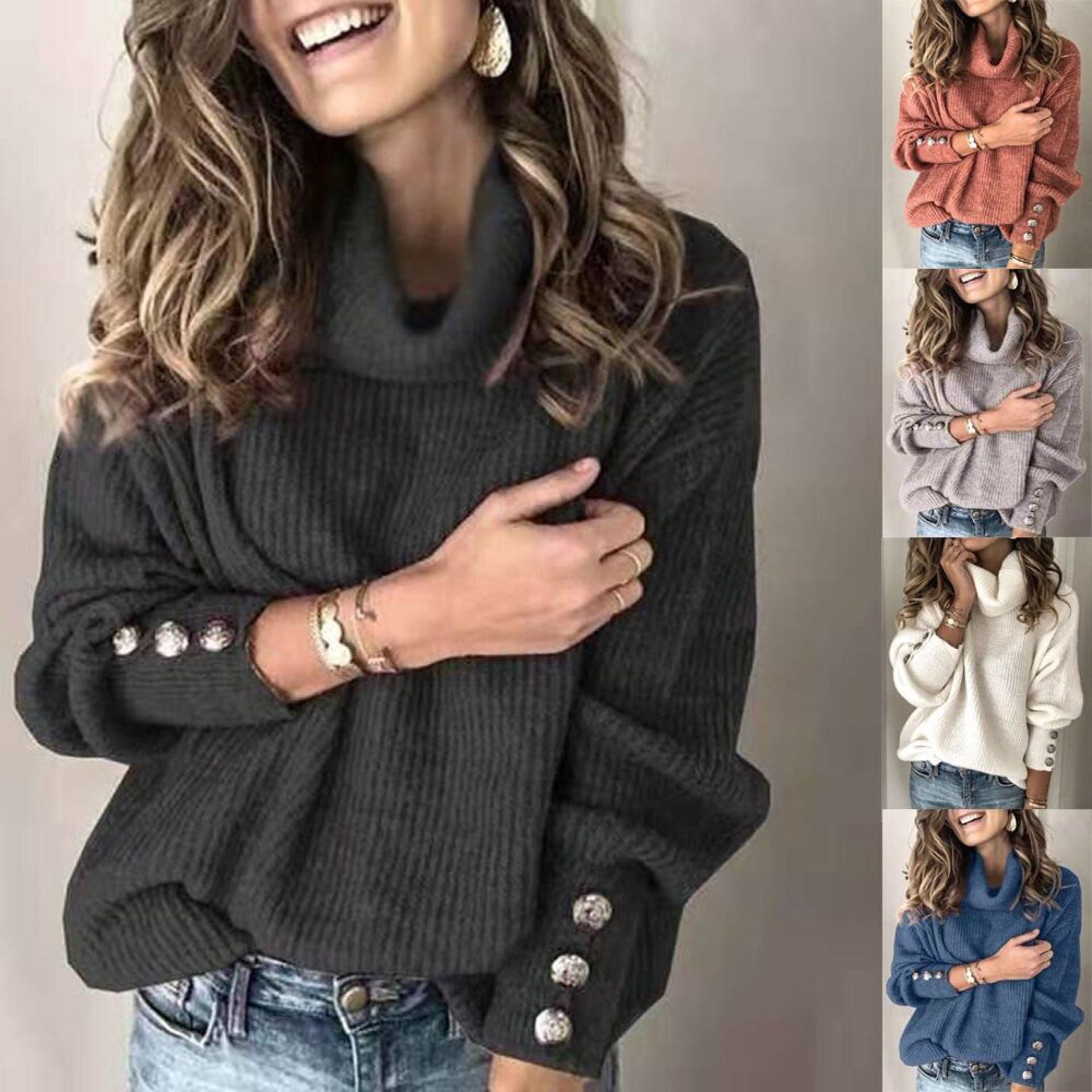 Women's Oversized Turtleneck Sweater with Ribbed Texture and Decorative Button Placket Chichicherry