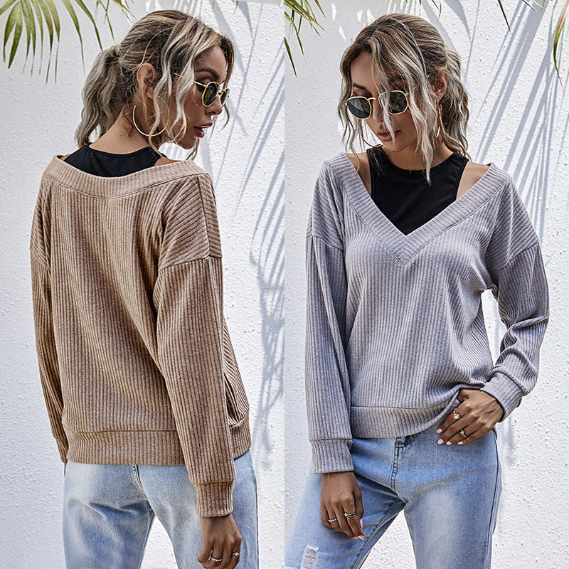 Women's ribbed V-neck pullover with shoulder cutouts and relaxed oversized fit Chichicherry