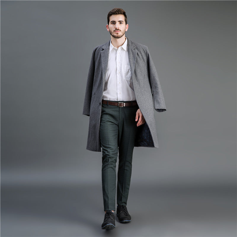 Men Timeless Long Wool Coat with Slim Lapel and Two-Button Closure Chichicherry