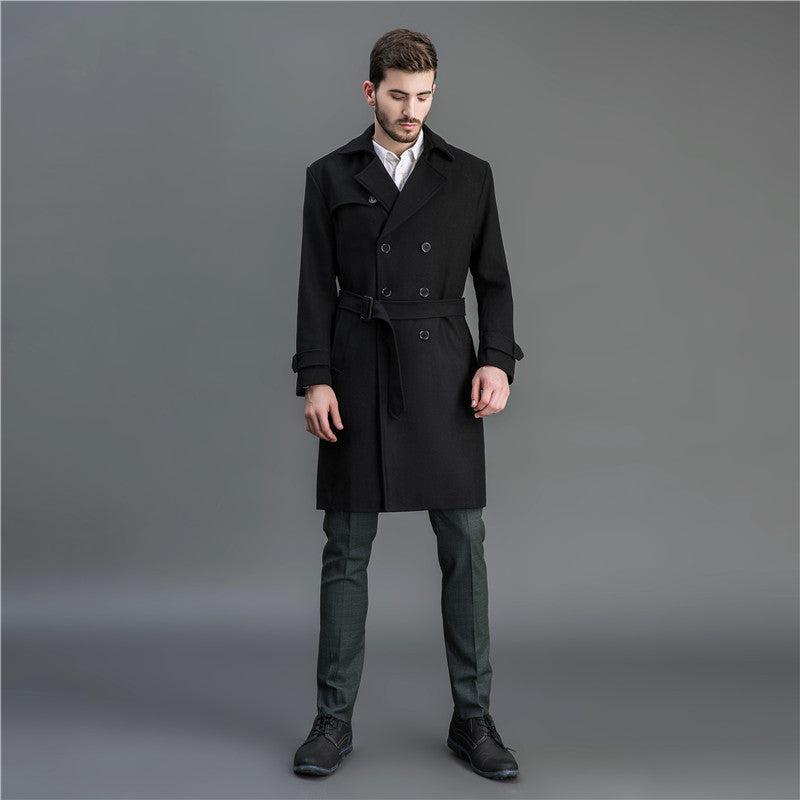 Men's Maxi Long Wool Coat in Trench Look with Double-Breasted Button Placket and Tie Belt Chichicherry