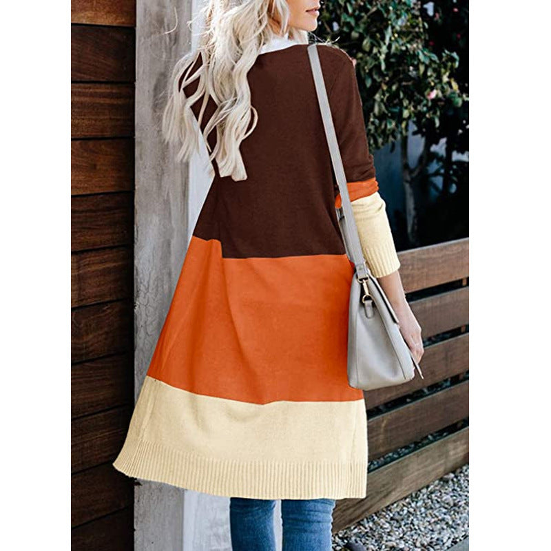 Women's Longline Cardigan with Colorblock, Ribbed Hem and Open Front Chichicherry