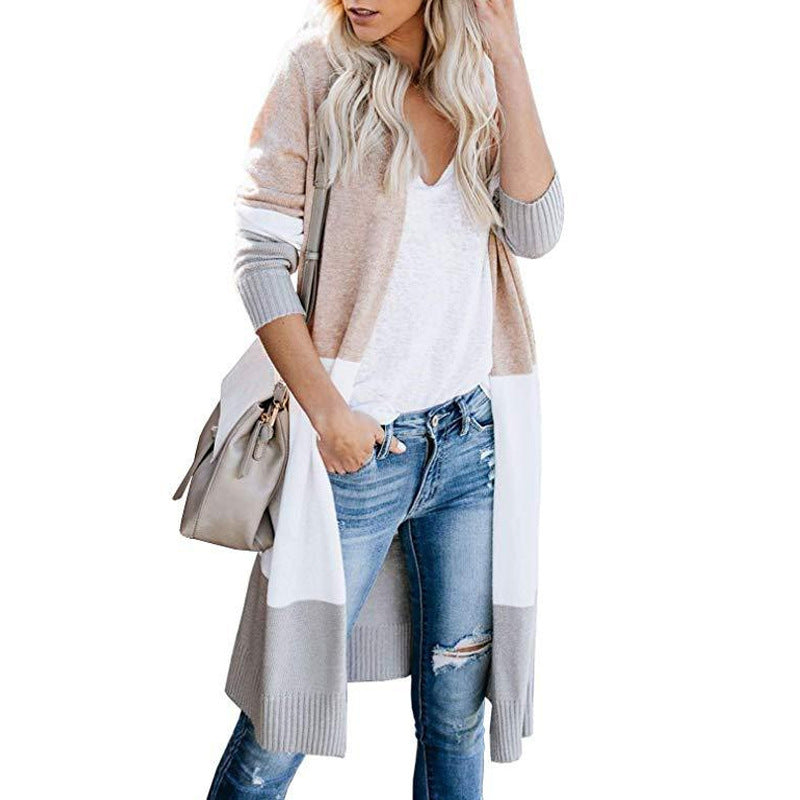 Women's Longline Cardigan with Colorblock, Ribbed Hem and Open Front Chichicherry
